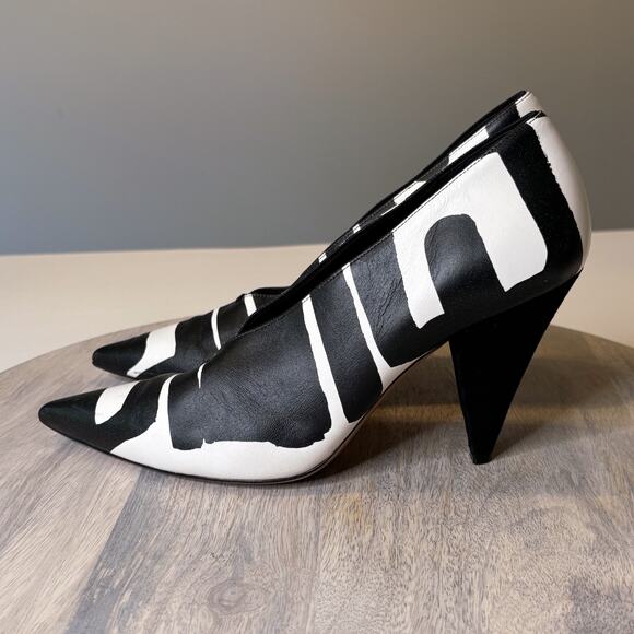 CELINE Paris Black White Graphic Leather Cone Heel Pumps Size 37 Made in Italy - Picture 2 of 14